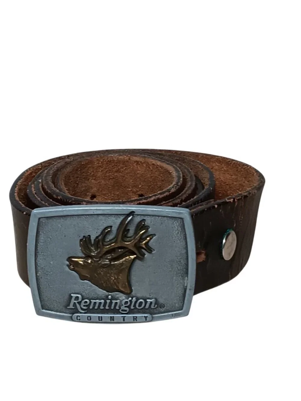 Mens Brown Leather Belt USA Made with Remington Country Bugling Elk Buckle 1986